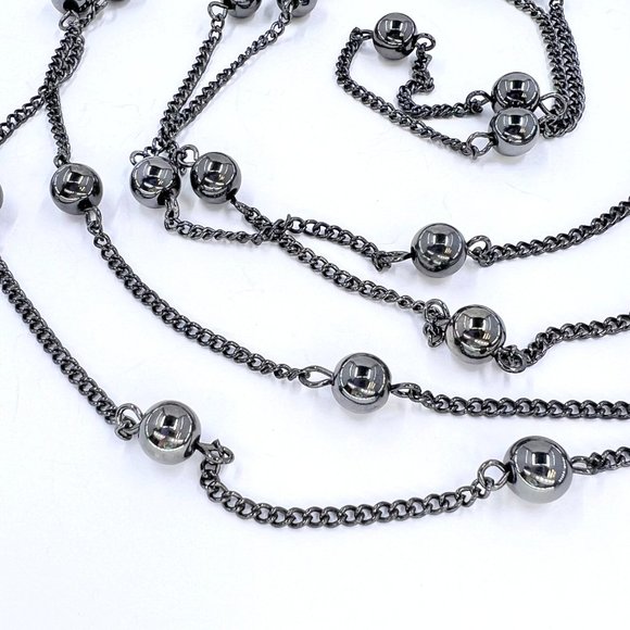 Simple Single Strand Gunmetal Tone Metal Bead & Chain 68” Necklace - Picture 4 of 6